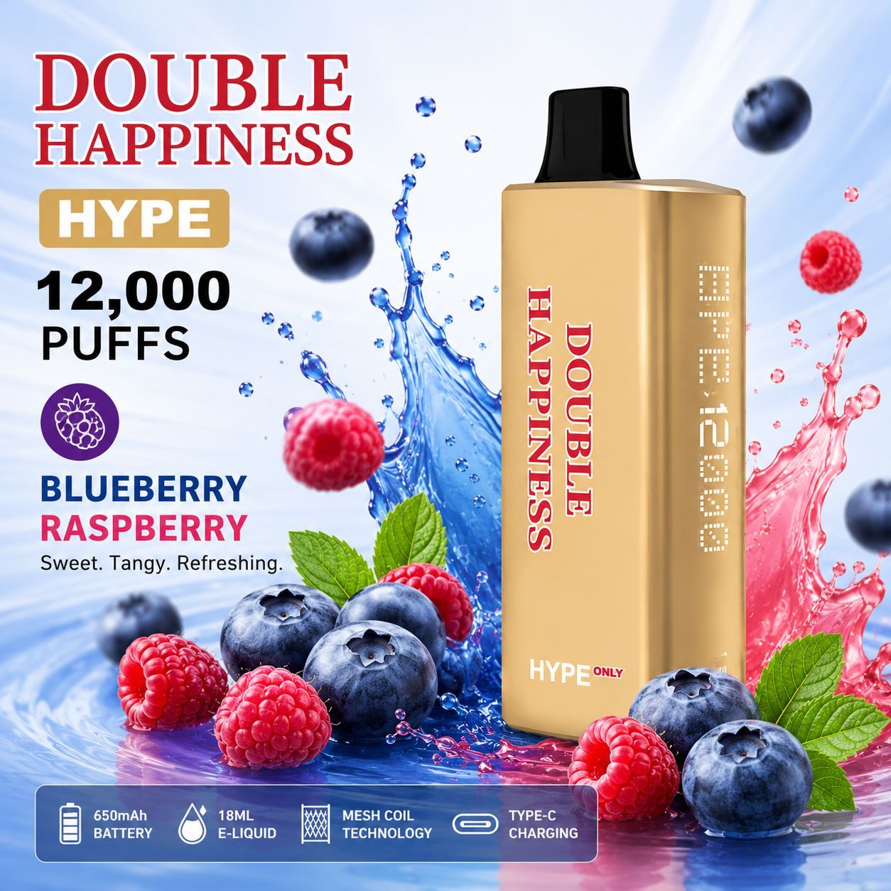 DOUBLE HAPPINESS HYPE BLUEBERRY RASPBERRY - 12000 PUFFS