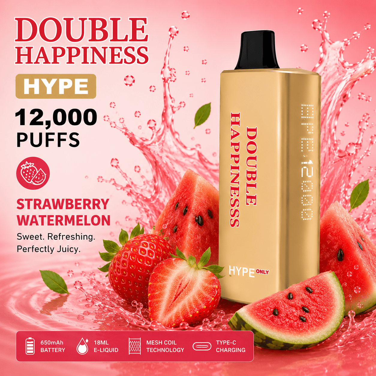 DOUBLE HAPPINESS HYPE STRAWBERRY WATERMELON - 12000 PUFFS
