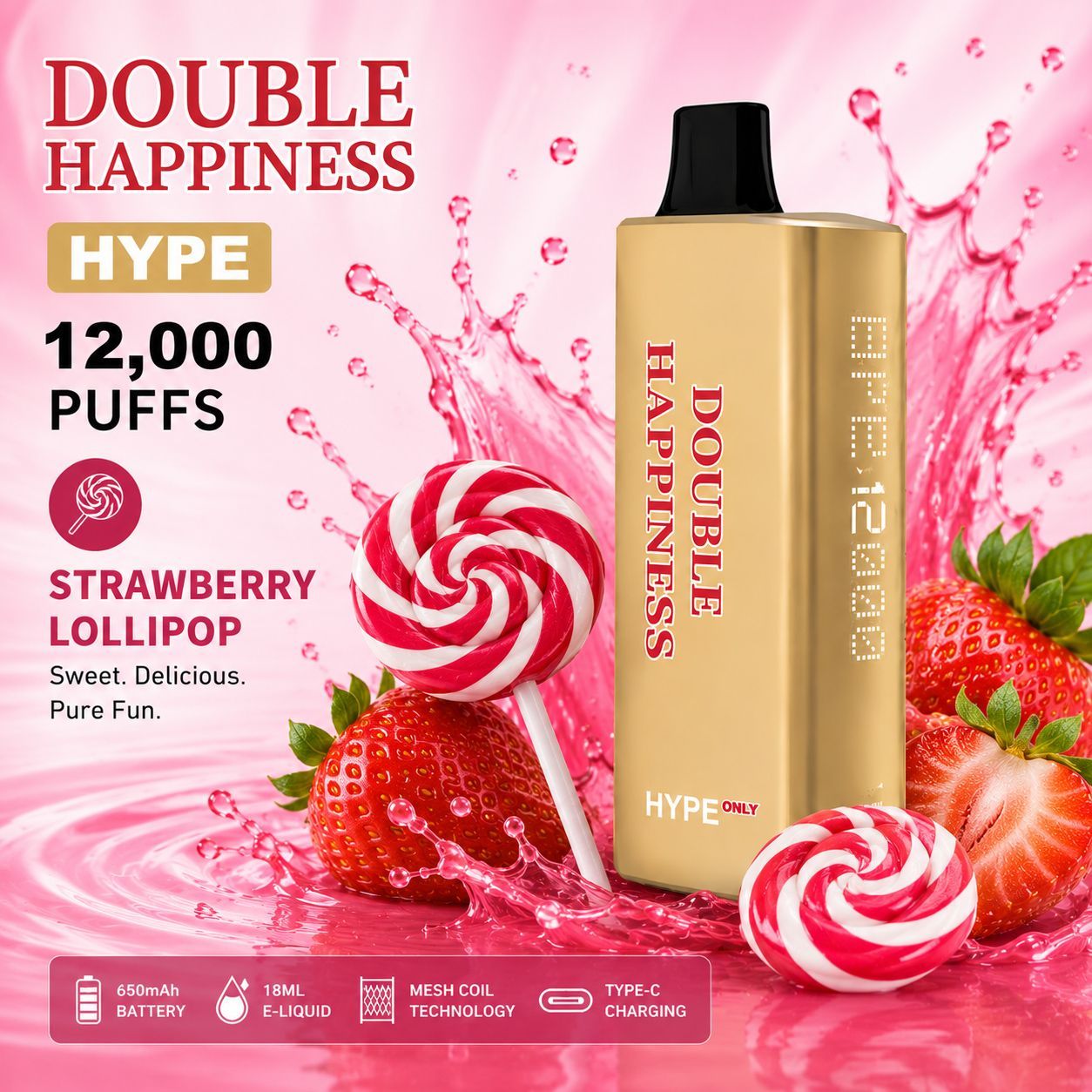 DOUBLE HAPPINESS HYPE STRAWBERRY LOLLIPOP - 12000 PUFFS